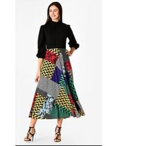 eShakti Patchwork Geometric Mixed Media Print Midi Dress Sleeveless Womens 10